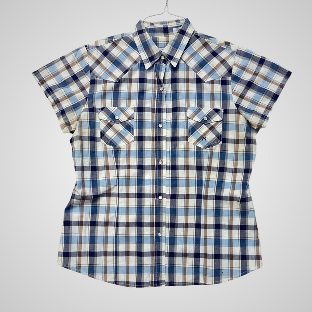 Roper Western Shirt Womens Large Blue‎ Plaid Excellent Short Sleeve Pearl Snap